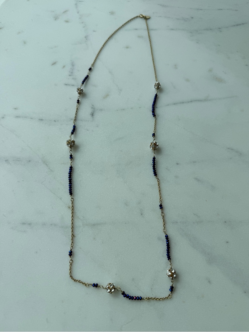 Club Monaco Gold Long Necklace with Blue Beads and 6 Rhinestone Beads